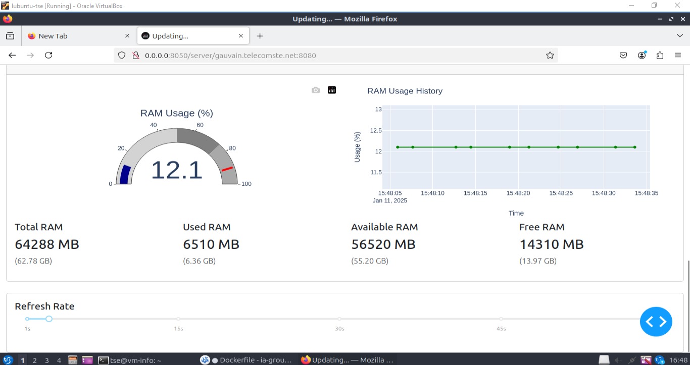 Dashboard initial - Vue d'ensemble du tableau de bord montrant la santé du serveur, l'utilisation CPU et RAM