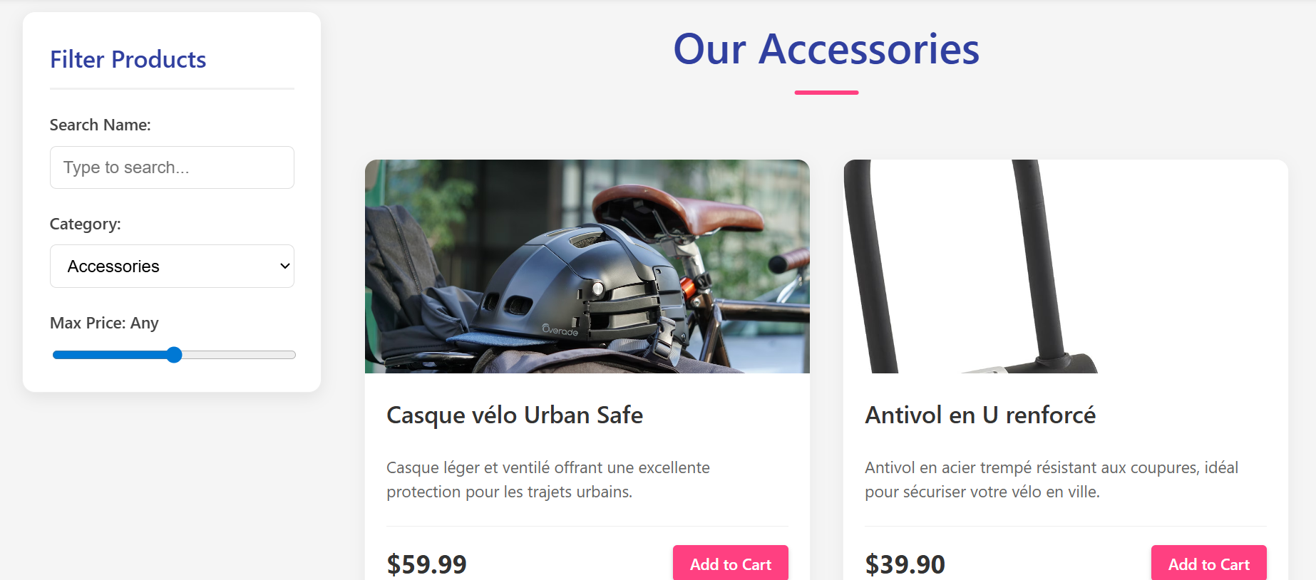 accessory Catalog - The catalog page displaying a list of available accessories with filtering options