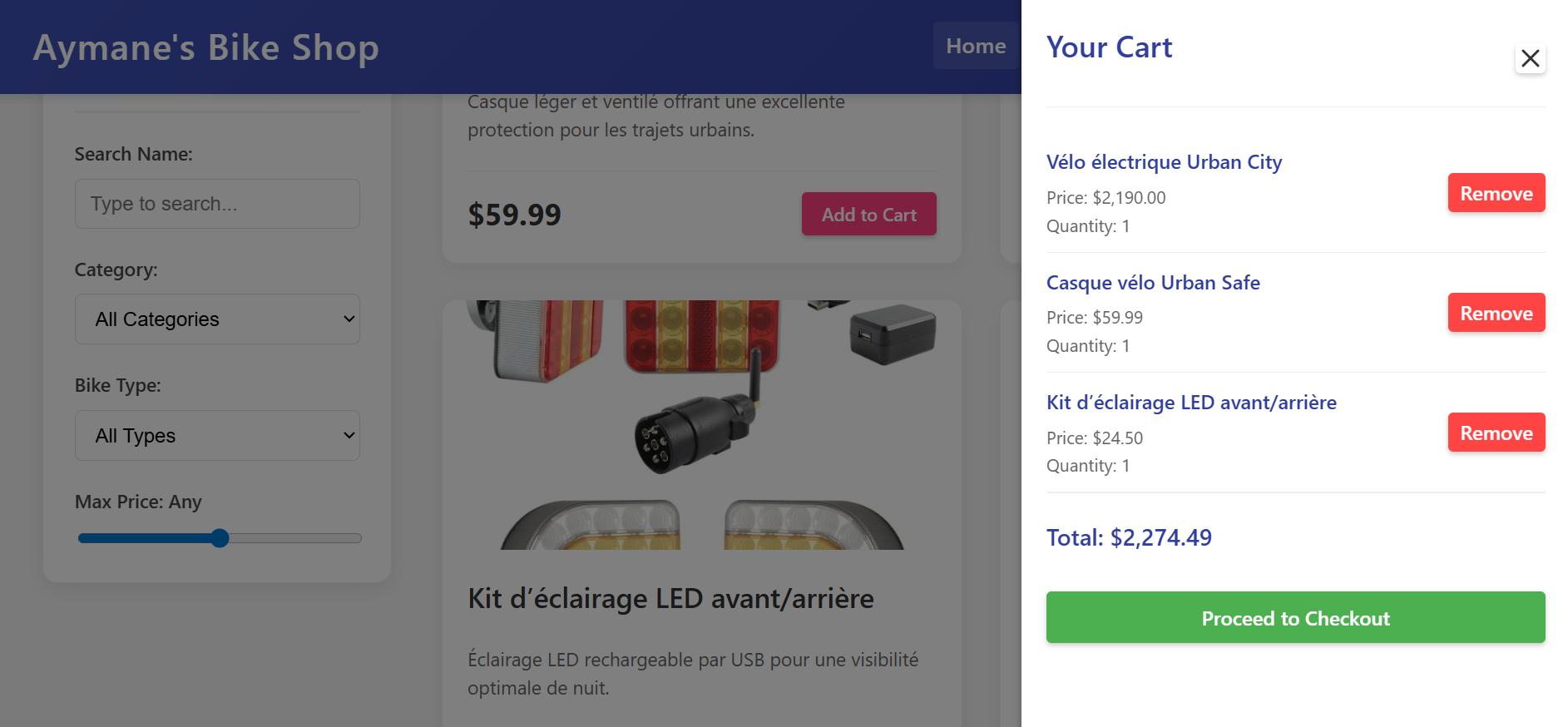 cart Page - The shopping cart page showing selected items, quantities, and total price