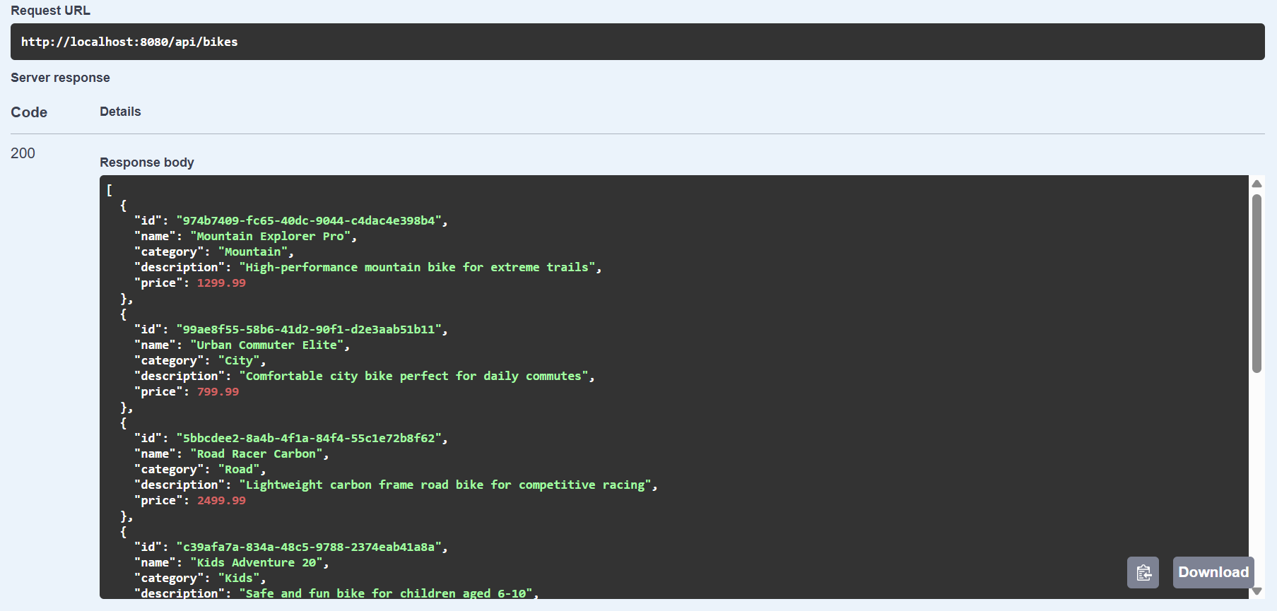 Endpoint api bikes - Exemple de réponse de l'endpoint /api/bikes affichant la liste des vélos disponibles dans le magasin